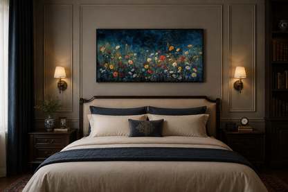 Dark Wildflowers Field Night Sky Painting Framed Canvas Wall Art