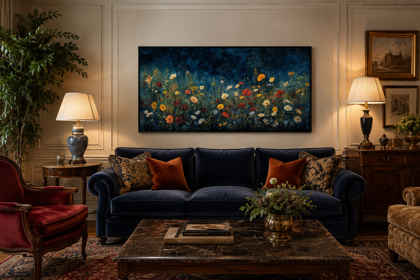 Dark Wildflowers Field Night Sky Painting Framed Canvas Wall Art