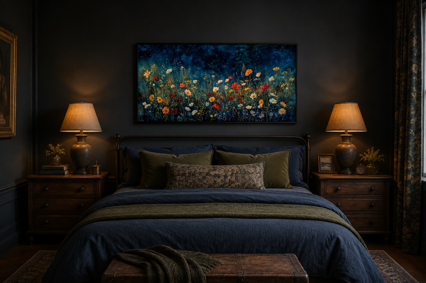 Dark Wildflowers Field Night Sky Painting Framed Canvas Wall Art