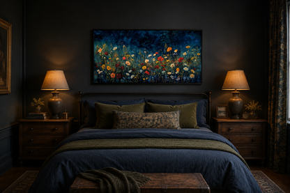 Dark Wildflowers Field Night Sky Painting Framed Canvas Wall Art