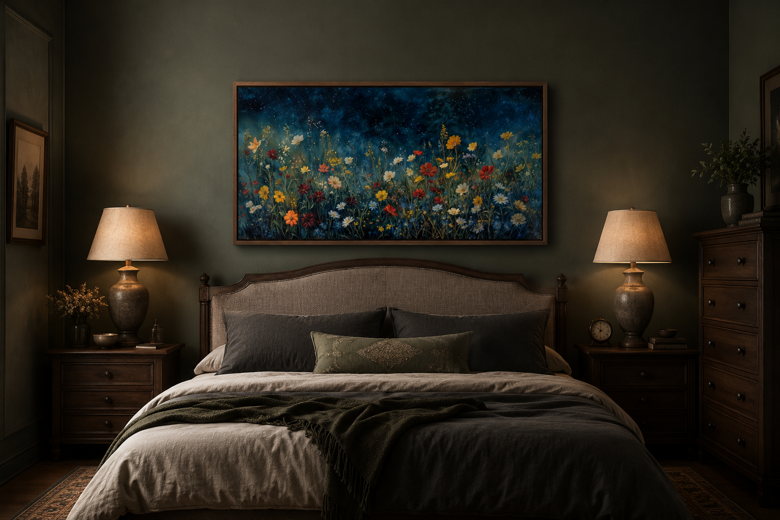 Dark Wildflowers Field Night Sky Painting Framed Canvas Wall Art