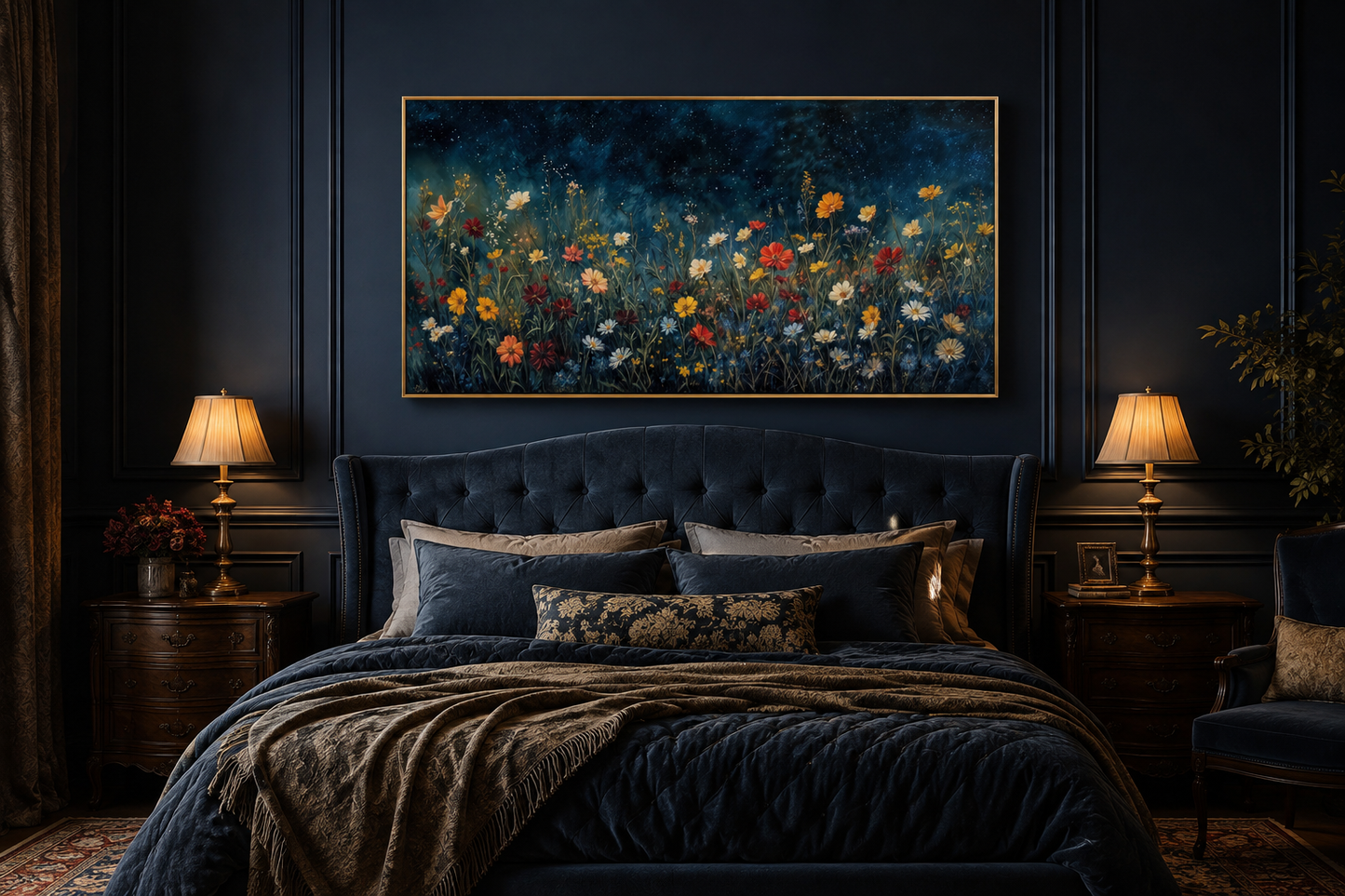 Dark Wildflowers Field Night Sky Painting Framed Canvas Wall Art