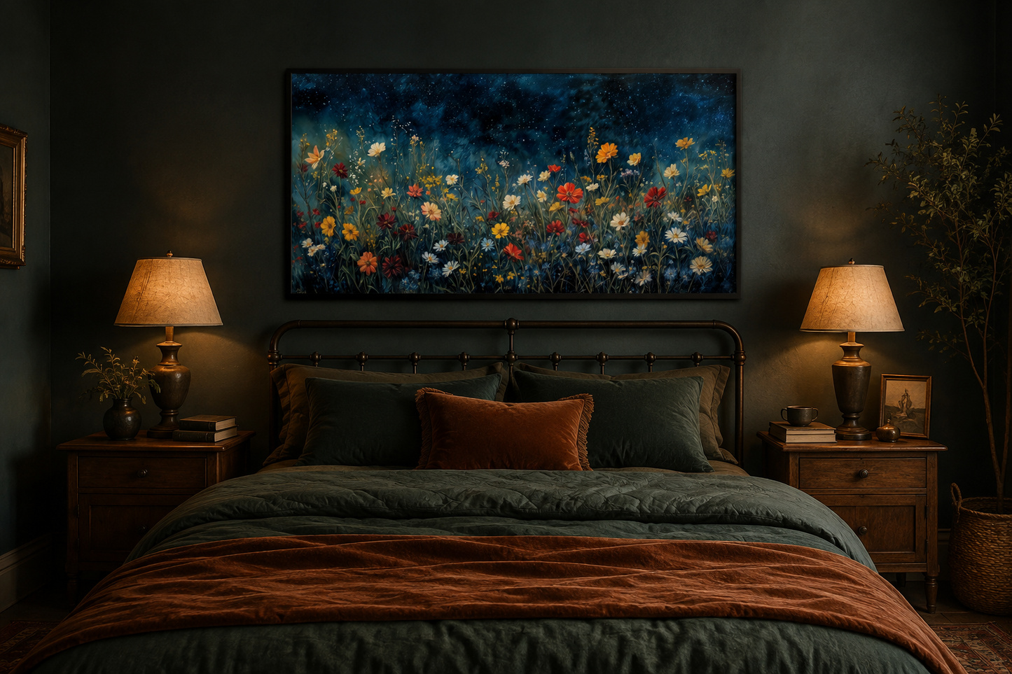 Dark Wildflowers Field Night Sky Painting Framed Canvas Wall Art