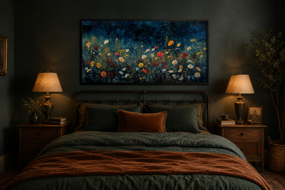 Dark Wildflowers Field Night Sky Painting Framed Canvas Wall Art