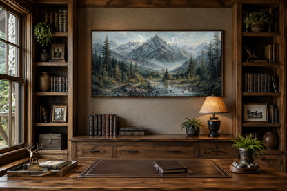 Mountain River Landscape Framed Canvas Art – Rustic Cabin Decor, Antique Style Print