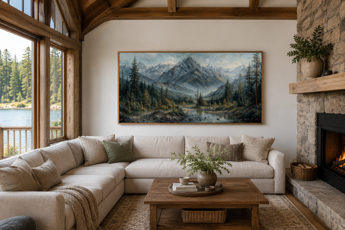 Mountain River Landscape Framed Canvas Art – Rustic Cabin Decor, Antique Style Print