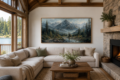 Mountain River Landscape Framed Canvas Art – Rustic Cabin Decor, Antique Style Print