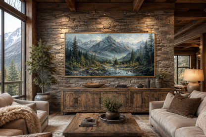 Mountain River Landscape Framed Canvas Art – Rustic Cabin Decor, Antique Style Print