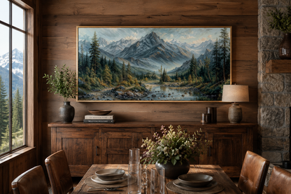 Mountain River Landscape Framed Canvas Art – Rustic Cabin Decor, Antique Style Print