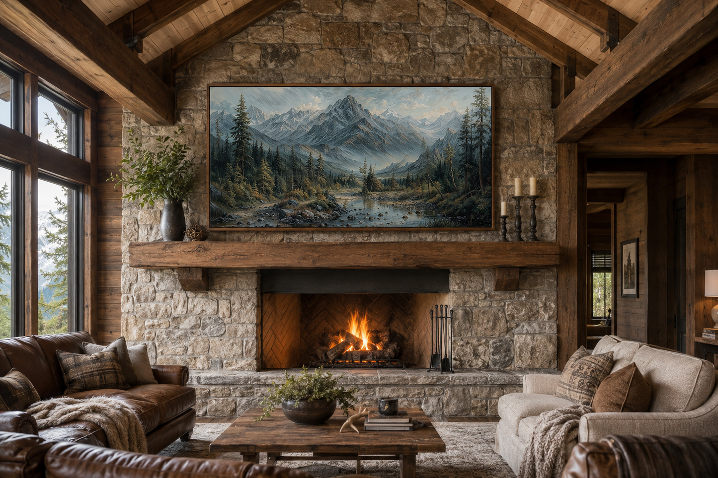 Mountain River Landscape Framed Canvas Art – Rustic Cabin Decor, Antique Style Print