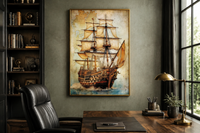 Pirate Ship On Antique Treasure Map Nautical Framed Canvas Wall Art