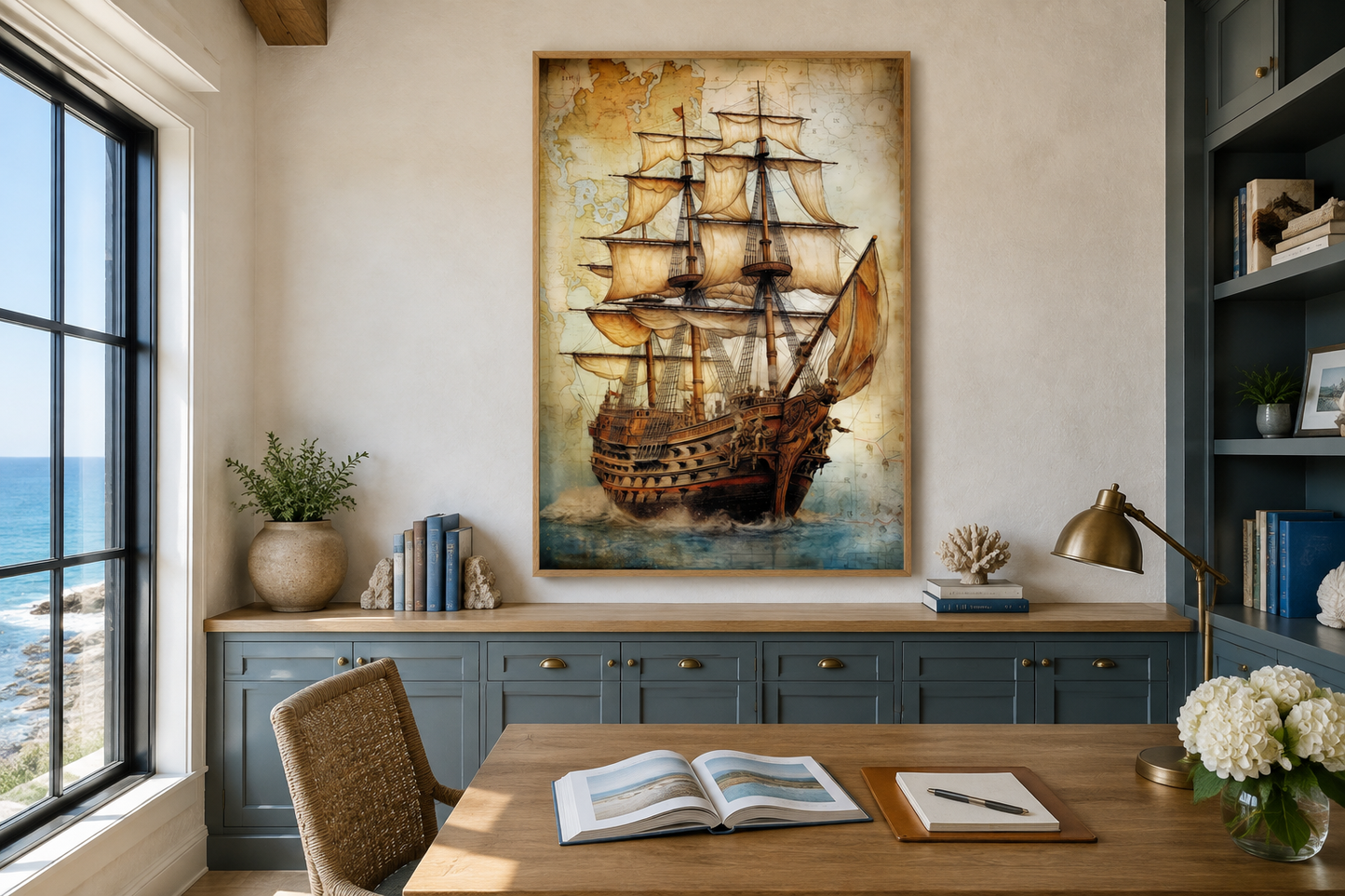 Pirate Ship On Antique Treasure Map Nautical Framed Canvas Wall Art