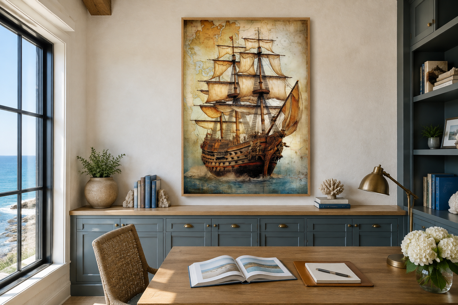 Pirate Ship On Antique Treasure Map Nautical Framed Canvas Wall Art