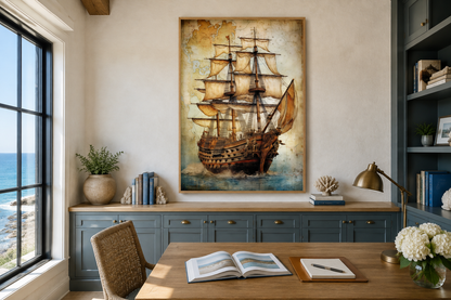 Pirate Ship On Antique Treasure Map Nautical Framed Canvas Wall Art