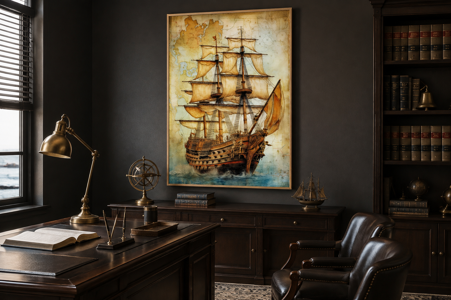 Pirate Ship On Antique Treasure Map Nautical Framed Canvas Wall Art