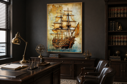 Pirate Ship On Antique Treasure Map Nautical Framed Canvas Wall Art