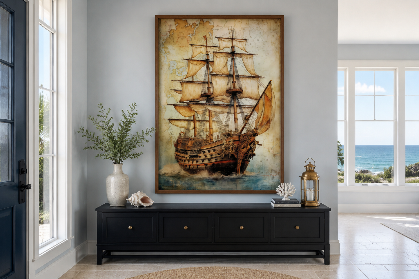 Pirate Ship On Antique Treasure Map Nautical Framed Canvas Wall Art