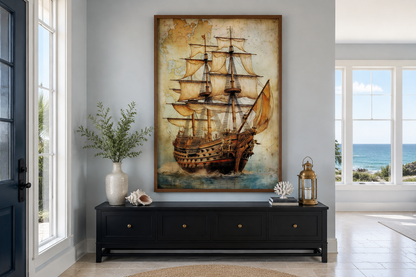 Pirate Ship On Antique Treasure Map Nautical Framed Canvas Wall Art