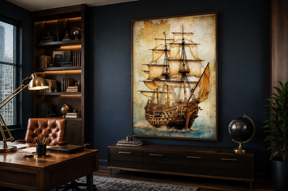 Pirate Ship On Antique Treasure Map Nautical Framed Canvas Wall Art