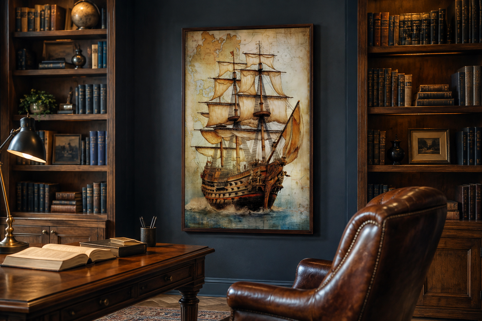 Pirate Ship On Antique Treasure Map Nautical Framed Canvas Wall Art