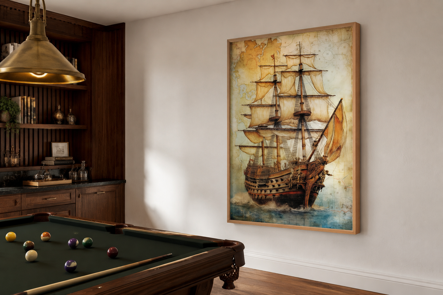 Pirate Ship On Antique Treasure Map Nautical Framed Canvas Wall Art