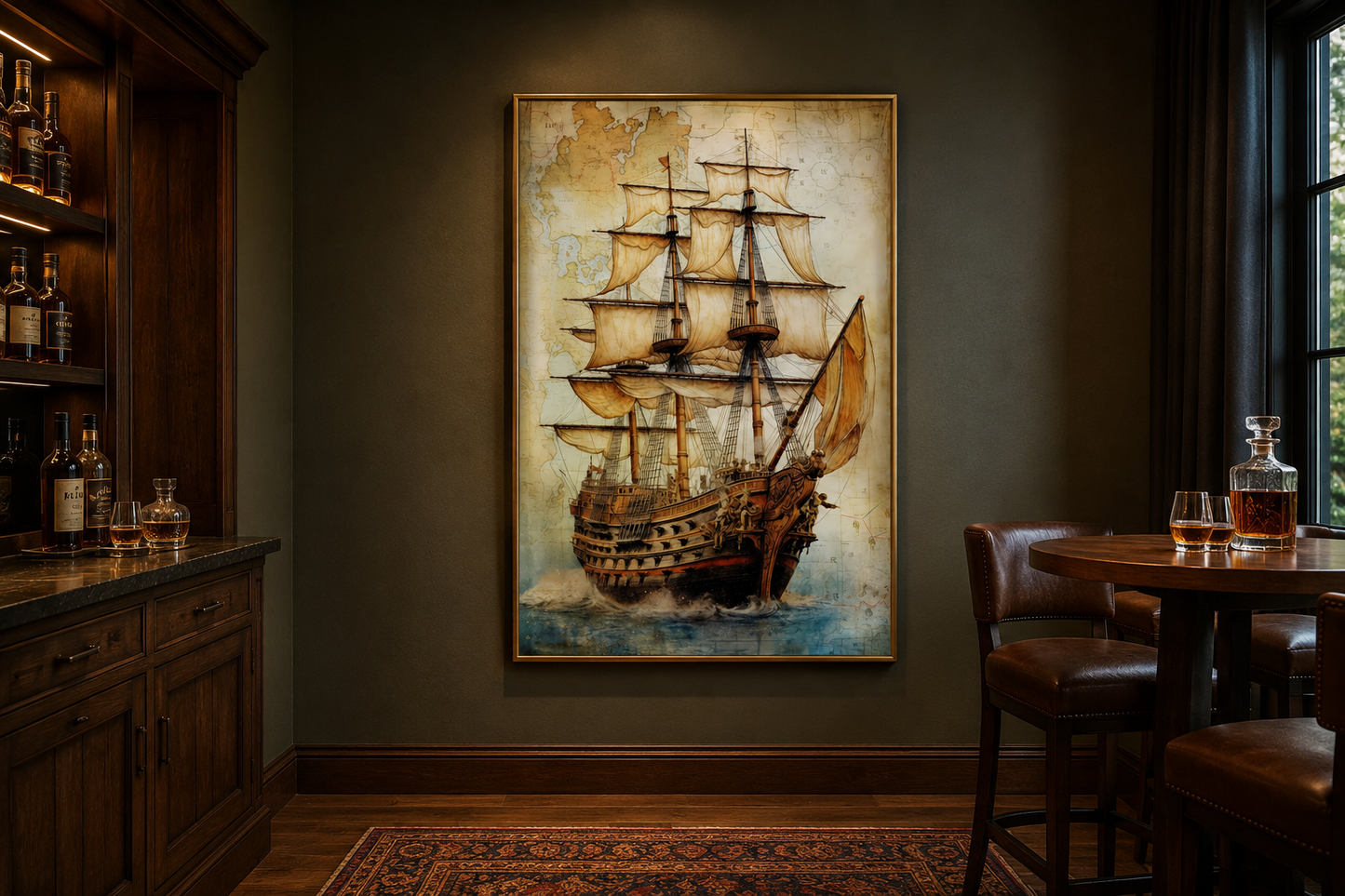 Pirate Ship On Antique Treasure Map Nautical Framed Canvas Wall Art