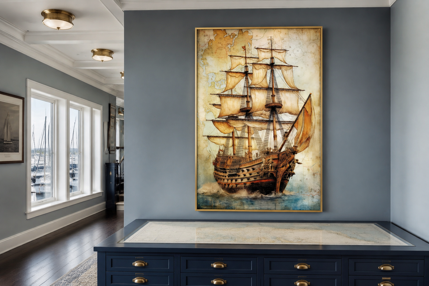 Pirate Ship On Antique Treasure Map Nautical Framed Canvas Wall Art