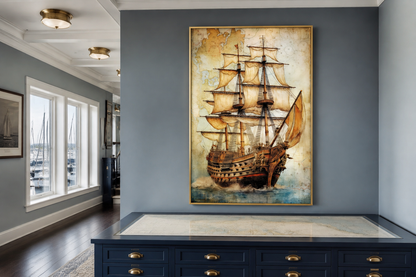 Pirate Ship On Antique Treasure Map Nautical Framed Canvas Wall Art