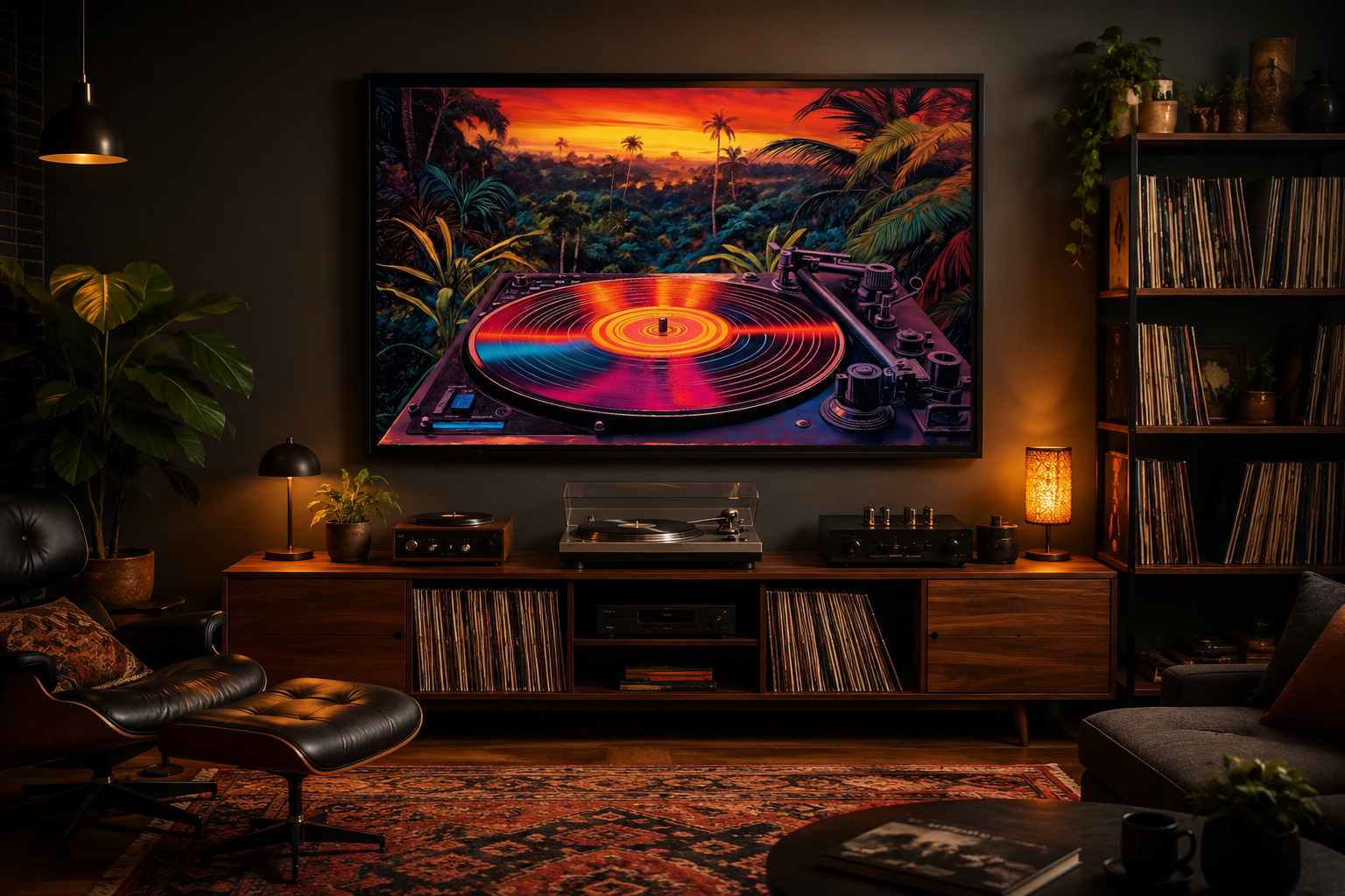 Retro Vinyl Record Player Synthwave Music Framed Canvas Wall Art