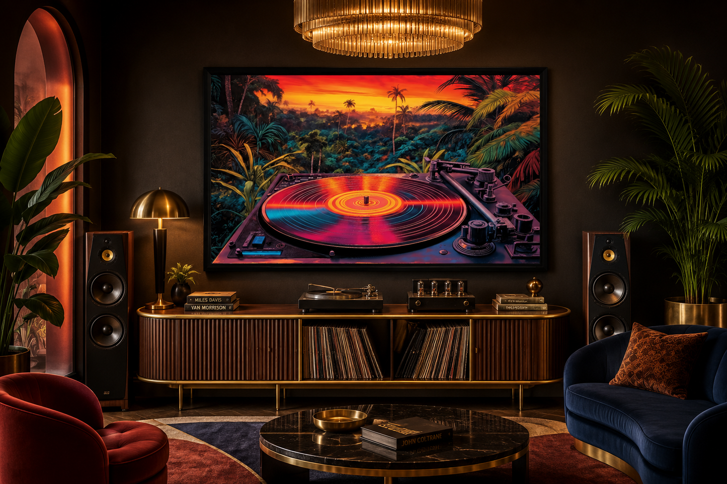 Retro Vinyl Record Player Synthwave Music Framed Canvas Wall Art