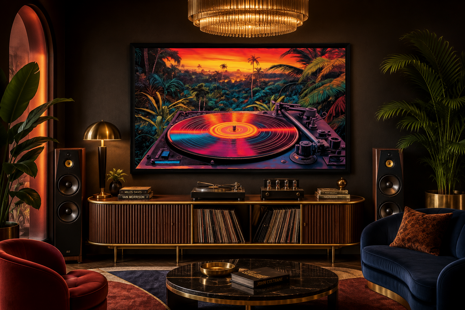 Retro Vinyl Record Player Synthwave Music Framed Canvas Wall Art