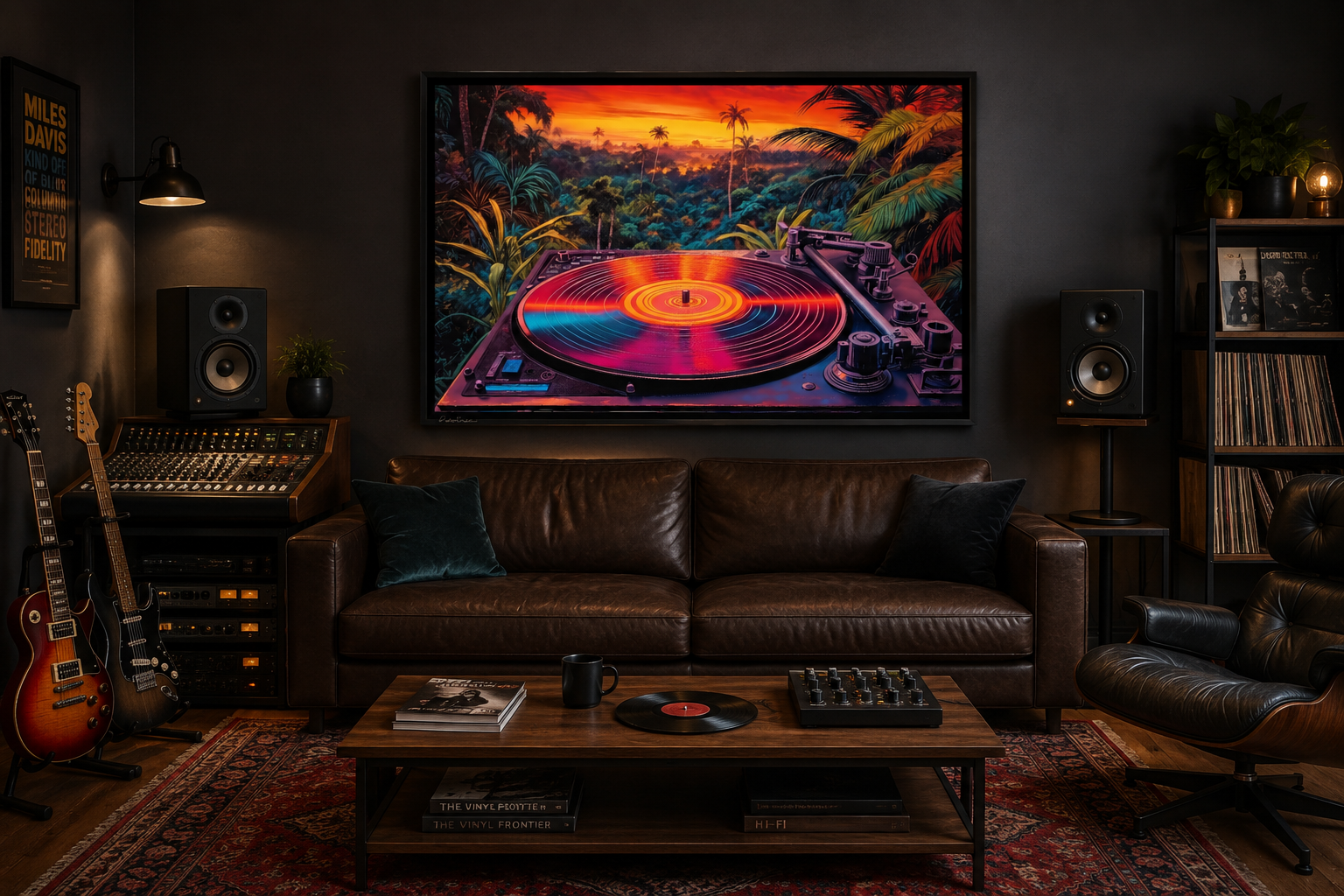 Retro Vinyl Record Player Synthwave Music Framed Canvas Wall Art