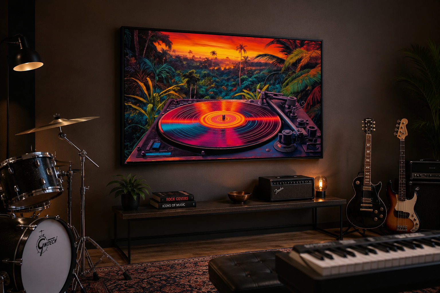 Retro Vinyl Record Player Synthwave Music Framed Canvas Wall Art