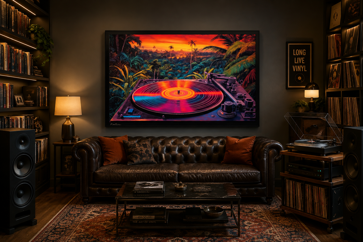 Retro Vinyl Record Player Synthwave Music Framed Canvas Wall Art