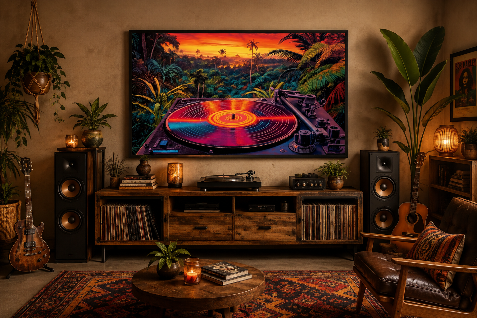 Retro Vinyl Record Player Synthwave Music Framed Canvas Wall Art