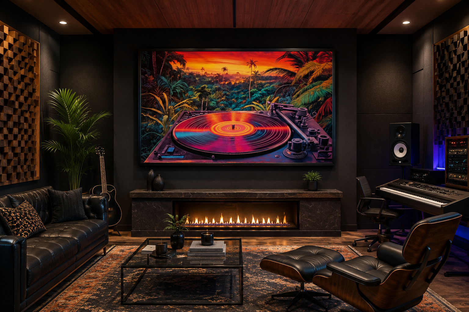 Retro Vinyl Record Player Synthwave Music Framed Canvas Wall Art