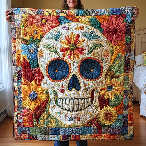 Vivid Floral Skull Quilted Blanket - Throw (55" x 60")
