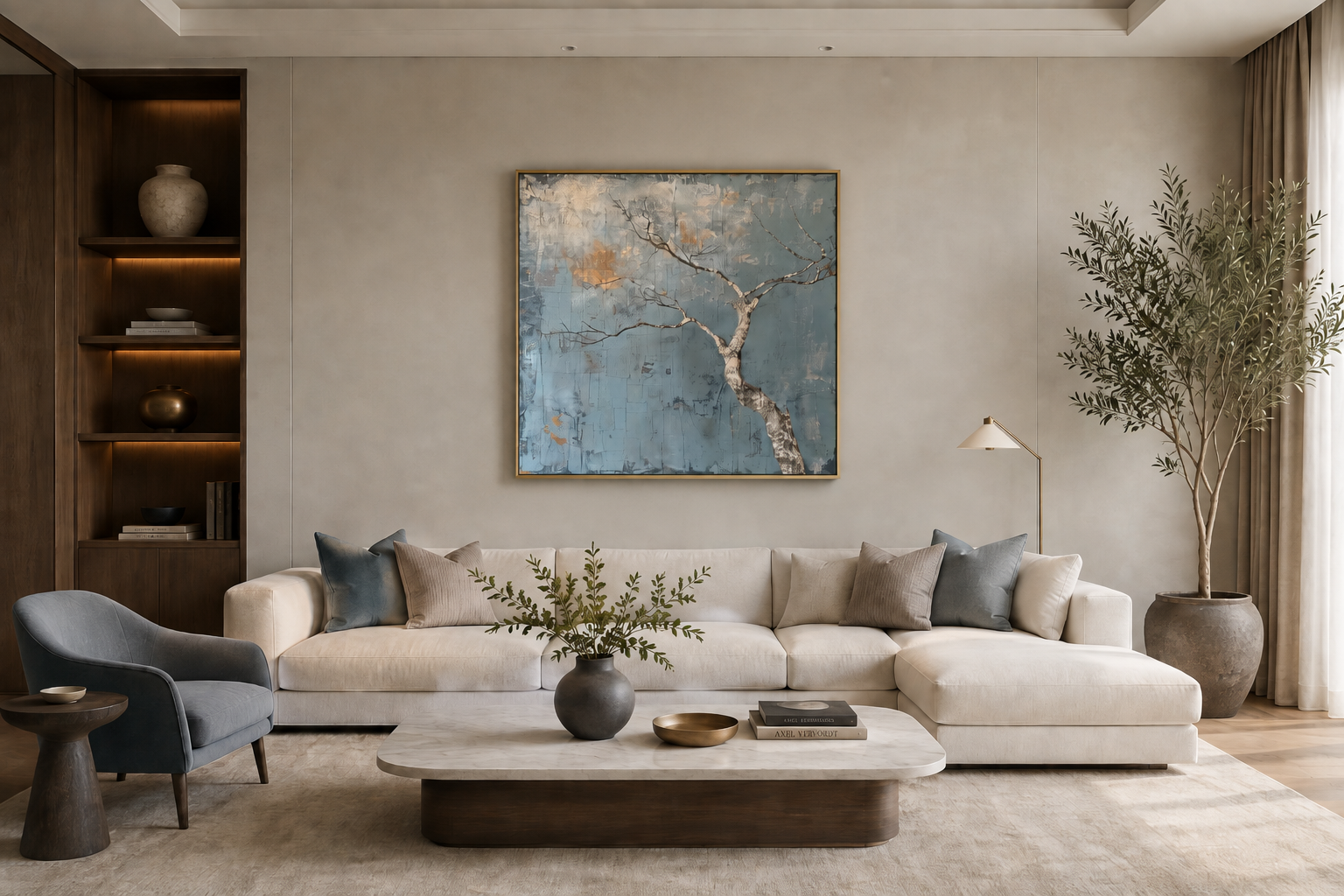 Minimalist Blue White Tree Japanese Wabi Sabi Framed Canvas Wall Art