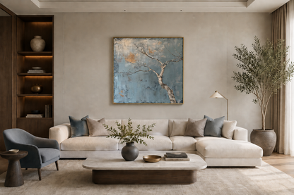Minimalist Blue White Tree Japanese Wabi Sabi Framed Canvas Wall Art