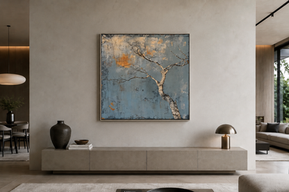 Minimalist Blue White Tree Japanese Wabi Sabi Framed Canvas Wall Art