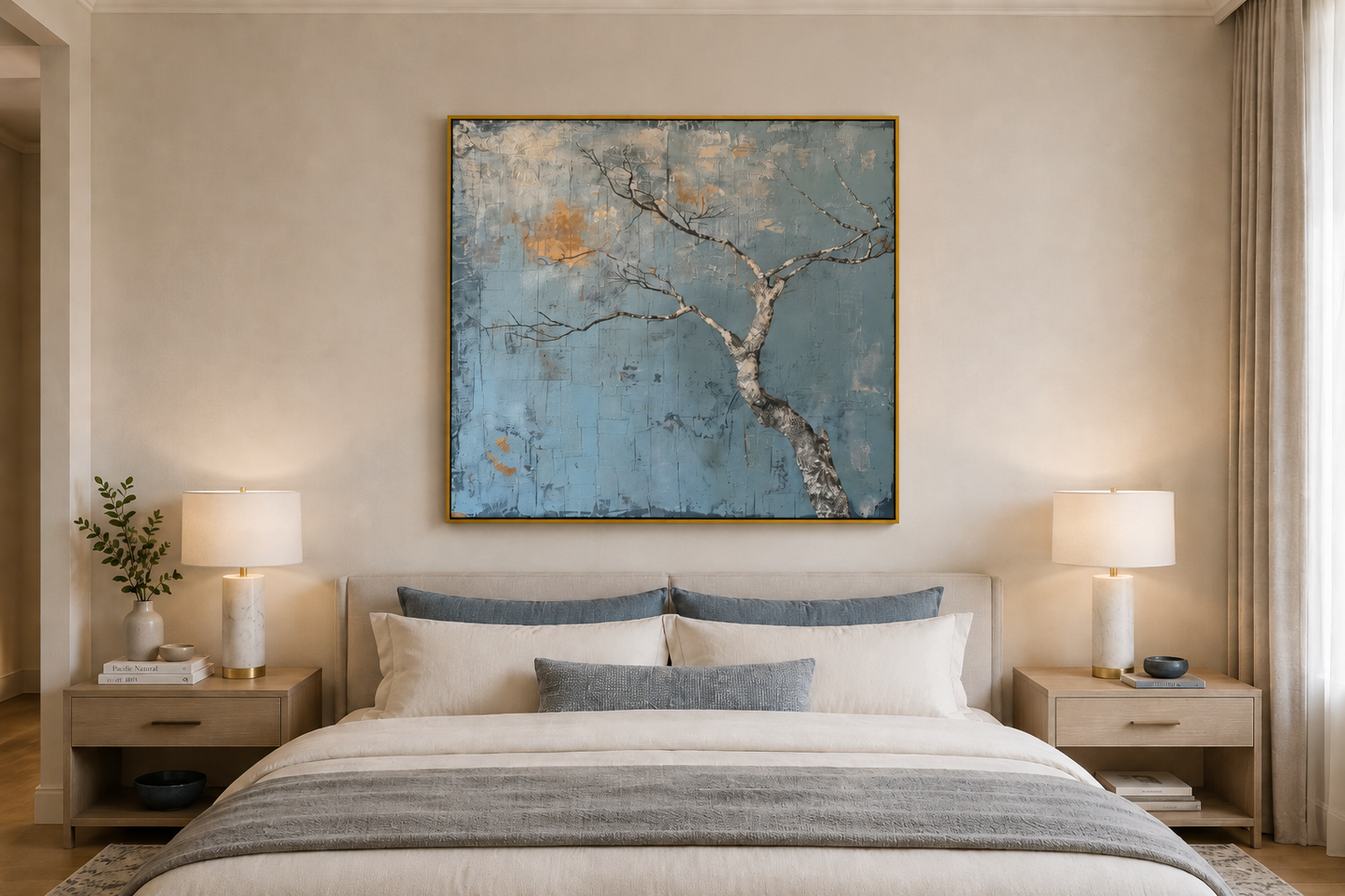 Minimalist Blue White Tree Japanese Wabi Sabi Framed Canvas Wall Art