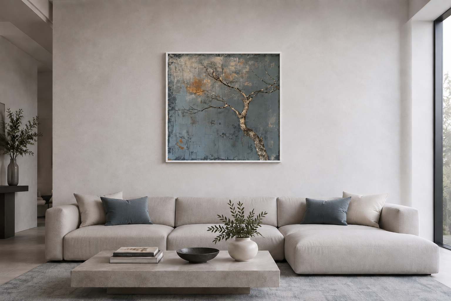 Minimalist Blue White Tree Japanese Wabi Sabi Framed Canvas Wall Art