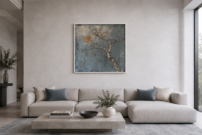 Minimalist Blue White Tree Japanese Wabi Sabi Framed Canvas Wall Art