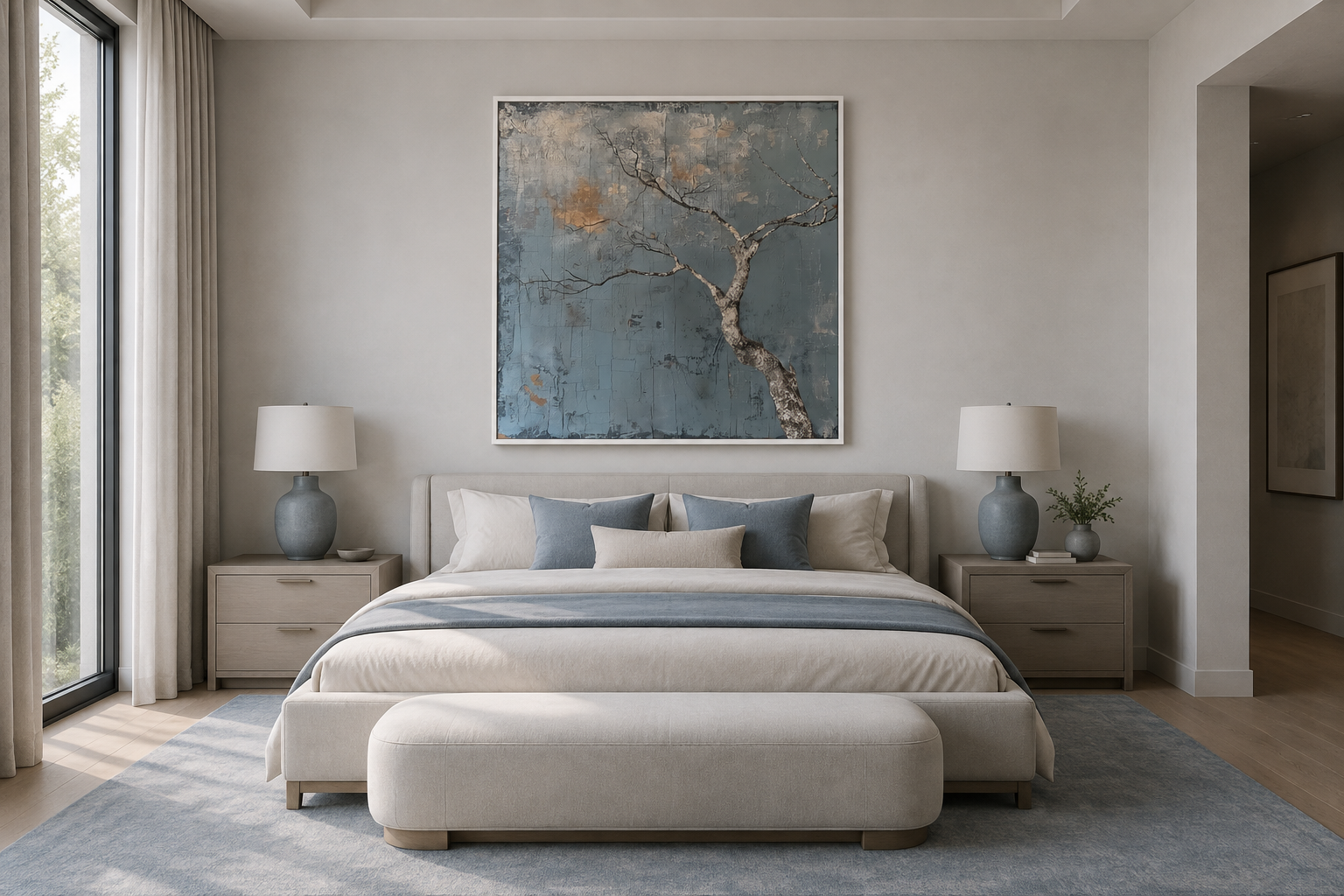 Minimalist Blue White Tree Japanese Wabi Sabi Framed Canvas Wall Art