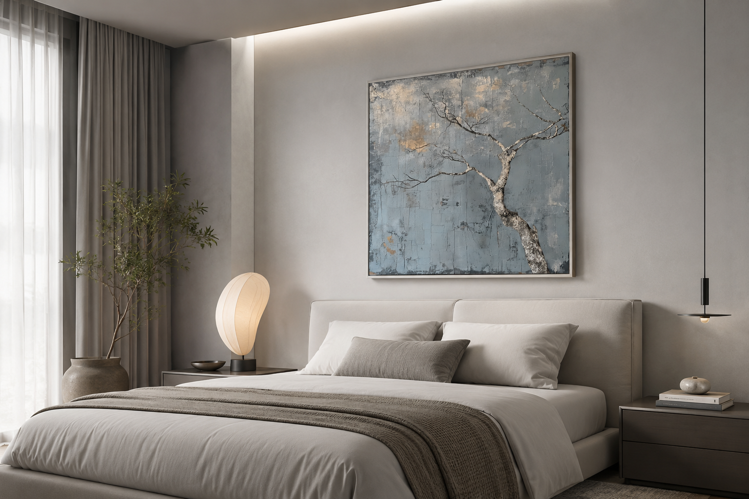 Minimalist Blue White Tree Japanese Wabi Sabi Framed Canvas Wall Art