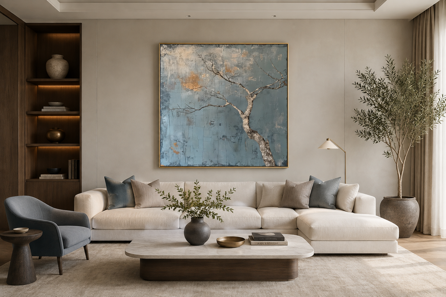 Minimalist Blue White Tree Japanese Wabi Sabi Framed Canvas Wall Art