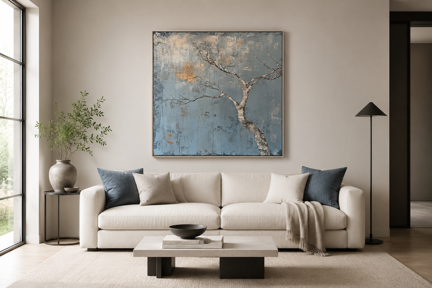 Minimalist Blue White Tree Japanese Wabi Sabi Framed Canvas Wall Art