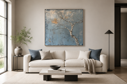 Minimalist Blue White Tree Japanese Wabi Sabi Framed Canvas Wall Art
