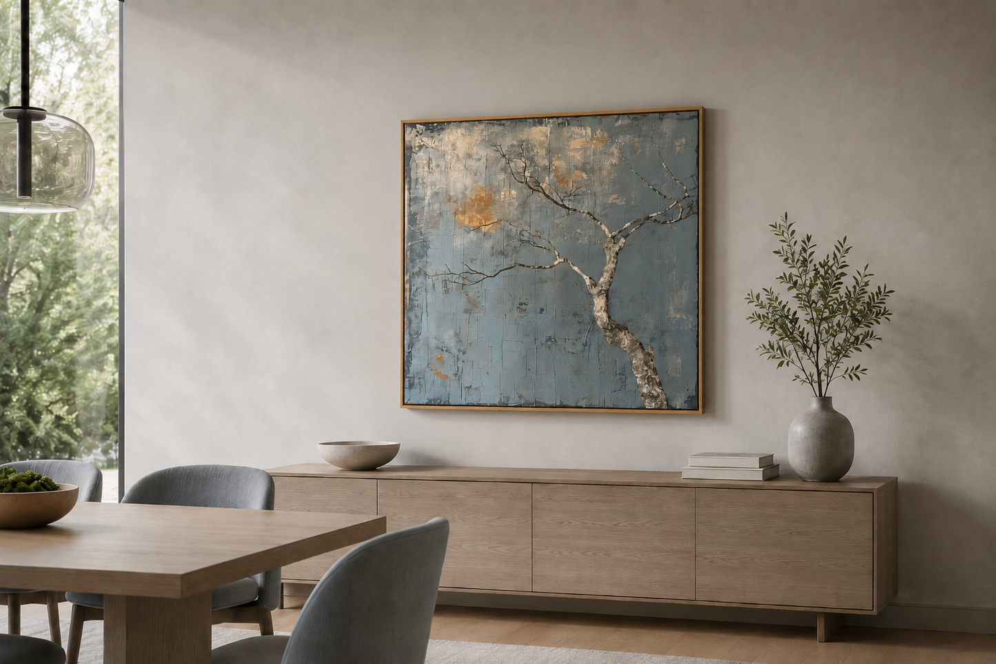 Minimalist Blue White Tree Japanese Wabi Sabi Framed Canvas Wall Art