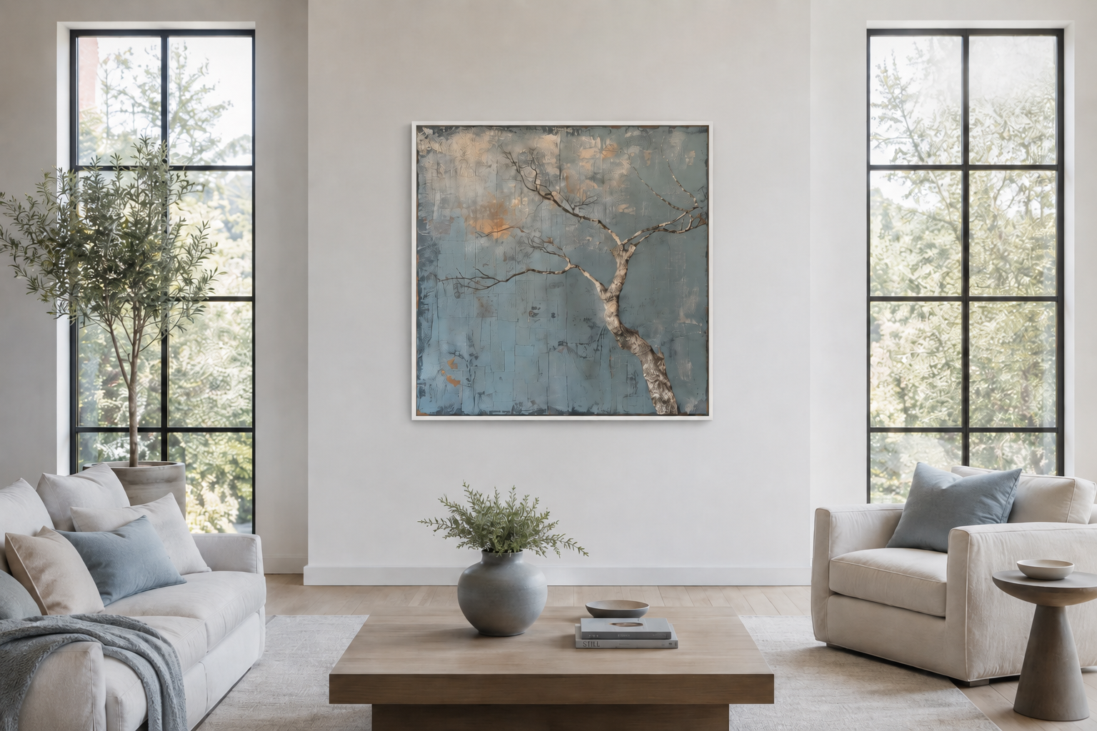 Minimalist Blue White Tree Japanese Wabi Sabi Framed Canvas Wall Art